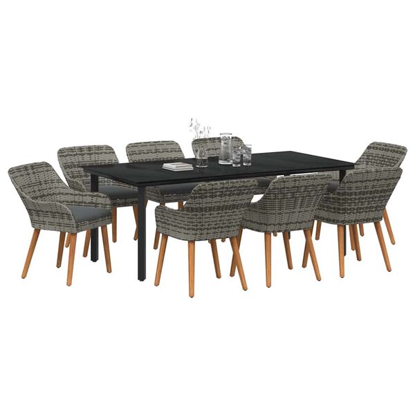 vidaXL Tuin Eetset met kussen 9 pcs Grijs poly rattan