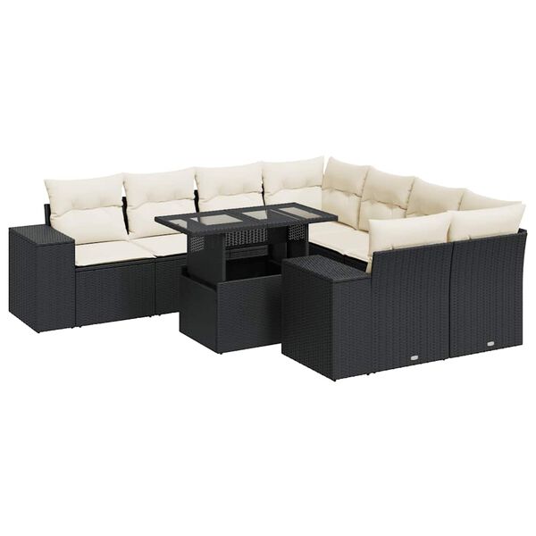 vidaXL 9-delige Loungeset met kussens poly rattan zwart