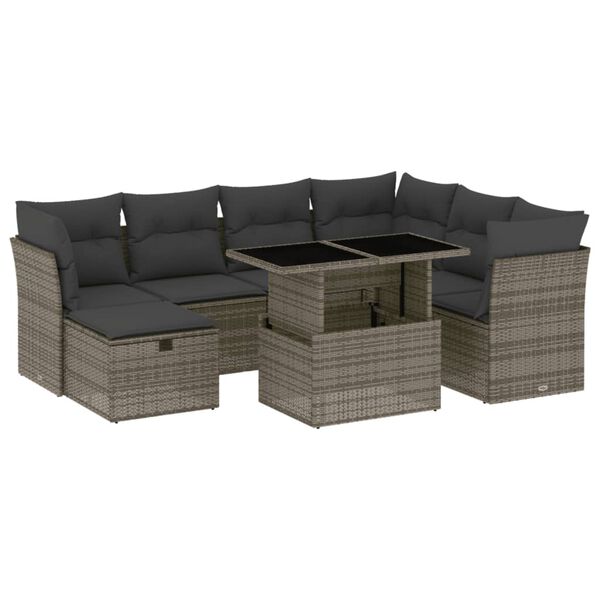 vidaXL 8-delige Loungeset met kussens poly rattan grijs