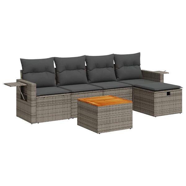 vidaXL 6-delige Loungeset met kussens poly rattan grijs