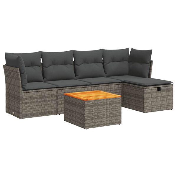 vidaXL 6-delige Loungeset met kussens poly rattan grijs