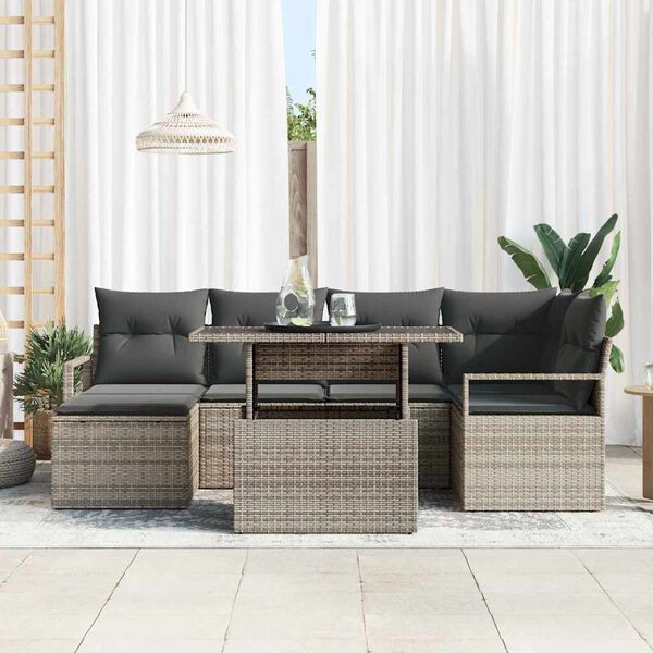 vidaXL Tuin Sofa Set 7 pcs Grijs Poly rattan en gepoedercoat staal