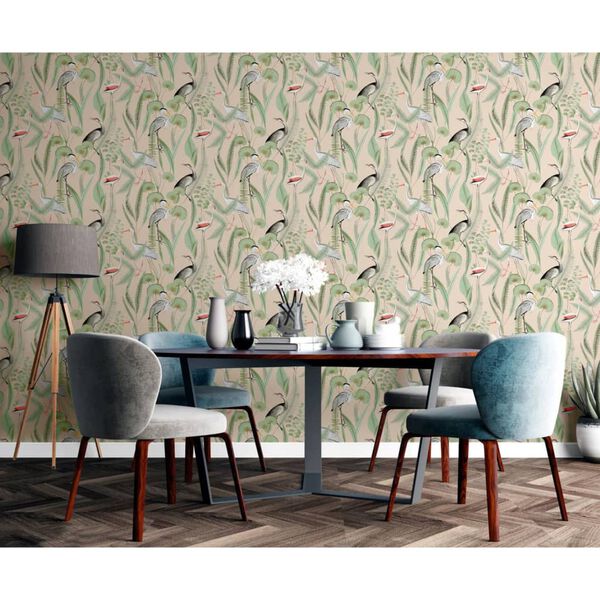 DUTCH WALLCOVERINGS Behang Flamingo crème- en mintkleurig