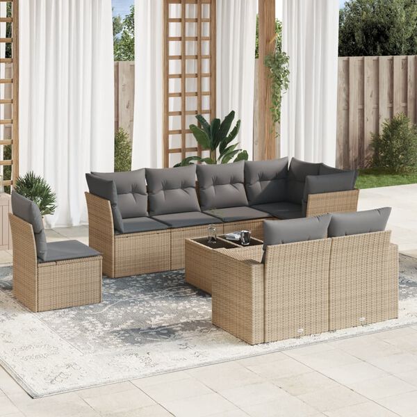 vidaXL 9-delige Loungeset met kussens poly rattan beige