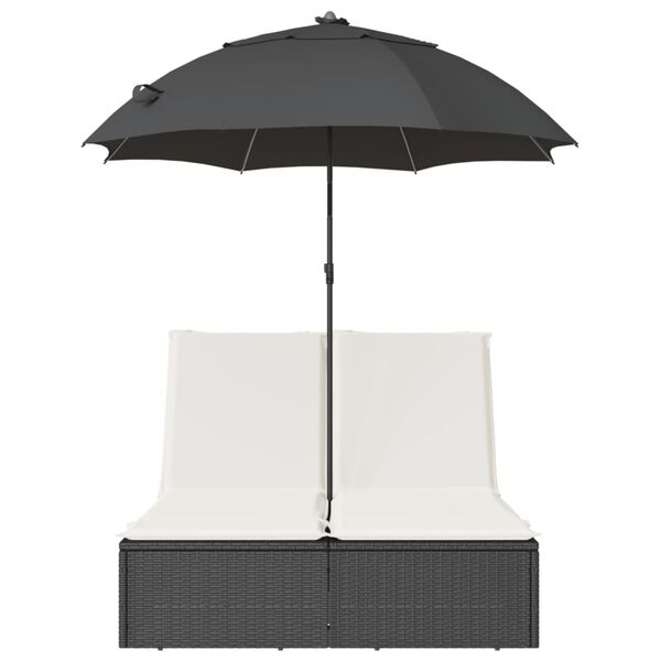 vidaXL Ligbed 2-persoons met kussens en parasol poly rattan zwart