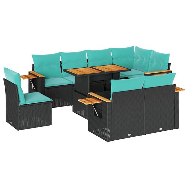 vidaXL 9-delige Loungeset met kussens poly rattan acacia zwart