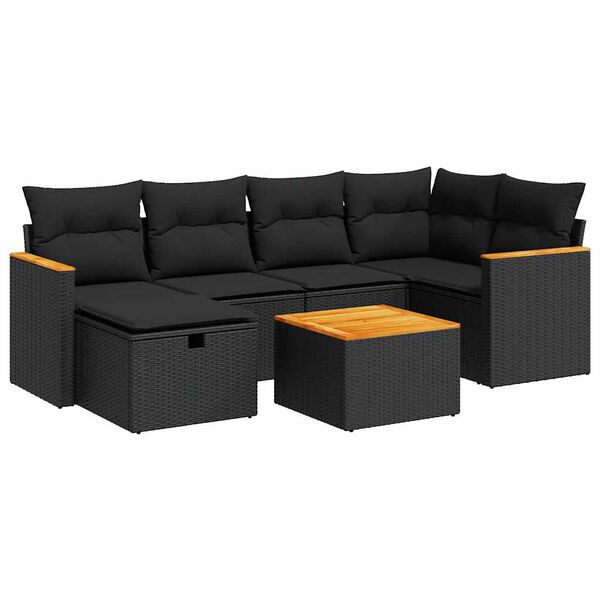 vidaXL 7-delige Loungeset met kussens poly rattan zwart