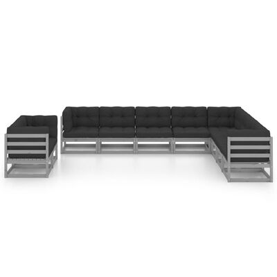 vidaXL 10-delige Loungeset met kussens massief grenenhout grijs