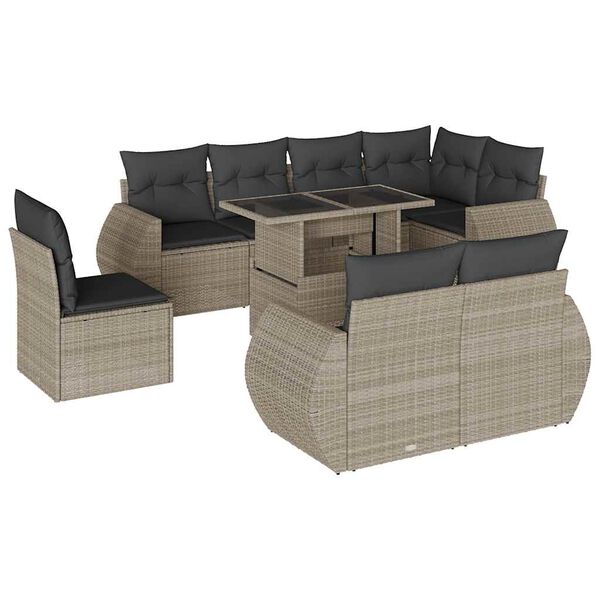 vidaXL 9-delige Loungeset met kussens poly rattan lichtgrijs