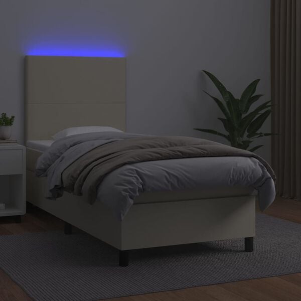 vidaXL Boxspring met matras en LED kunstleer cr&egrave;mekleurig 100x200 cm