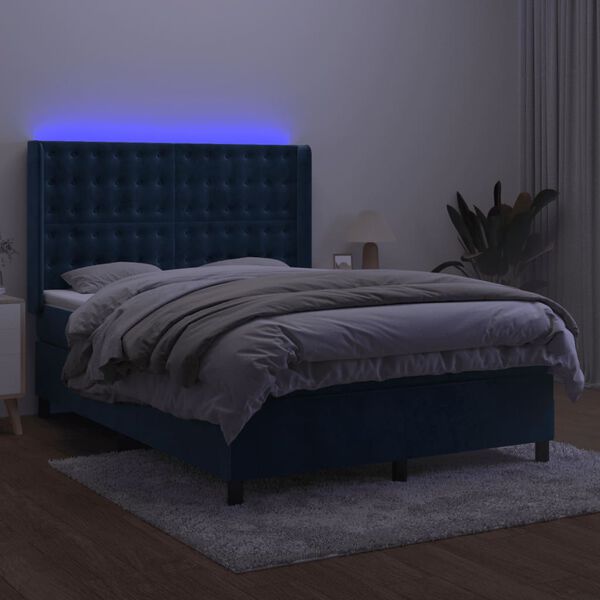 vidaXL Boxspring met matras en LED fluweel donkerblauw 140x200 cm