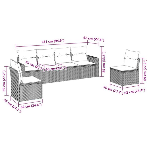 vidaXL 6-delige Loungeset met kussens poly rattan zwart