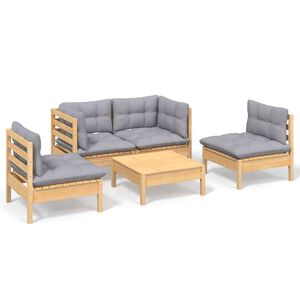 vidaXL 5-delige Loungeset met grijze kussens massief grenenhout