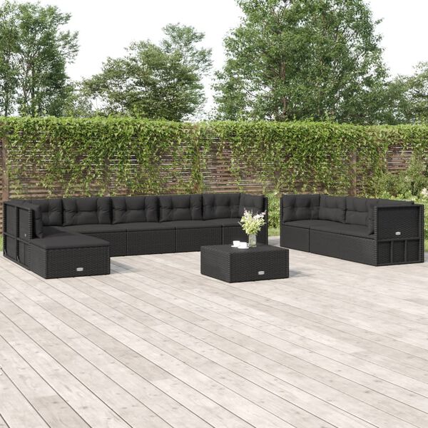 vidaXL 10-delige Loungeset met kussens poly rattan zwart