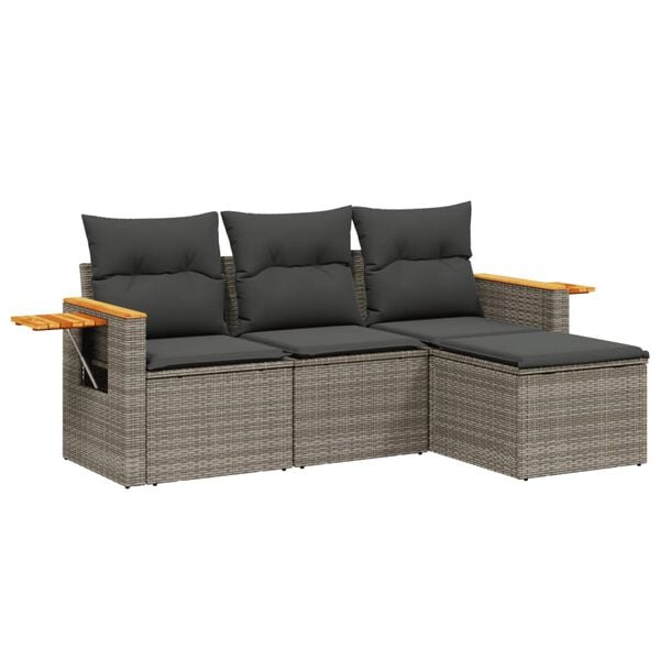 vidaXL 4-delige Loungeset met kussens poly rattan grijs