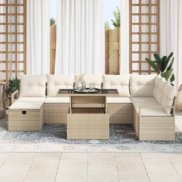 vidaXL Tuin Sofa Set met kussen met opslag 9 pcs Beige Poly riet