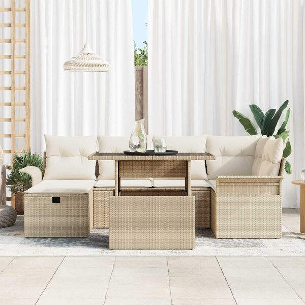 vidaXL Tuin Sofa Set met kussen met opslag 7 pcs Beige Poly riet