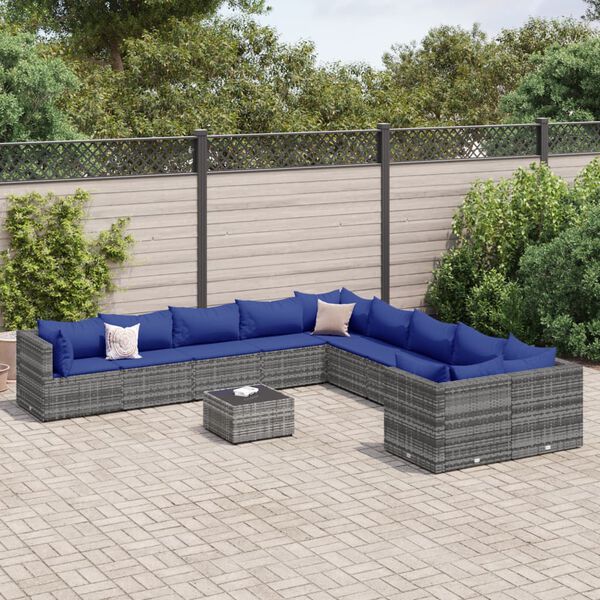 vidaXL 11-delige Loungeset met kussens poly rattan grijs