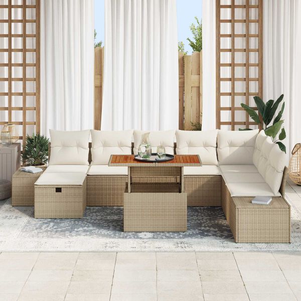 vidaXL Tuin Sofa Set met kussen met opslag 9 pcs Beige Poly riet