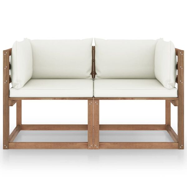 vidaXL Tuinbank 2-zits pallet met cr&egrave;mewitte kussens grenenhout