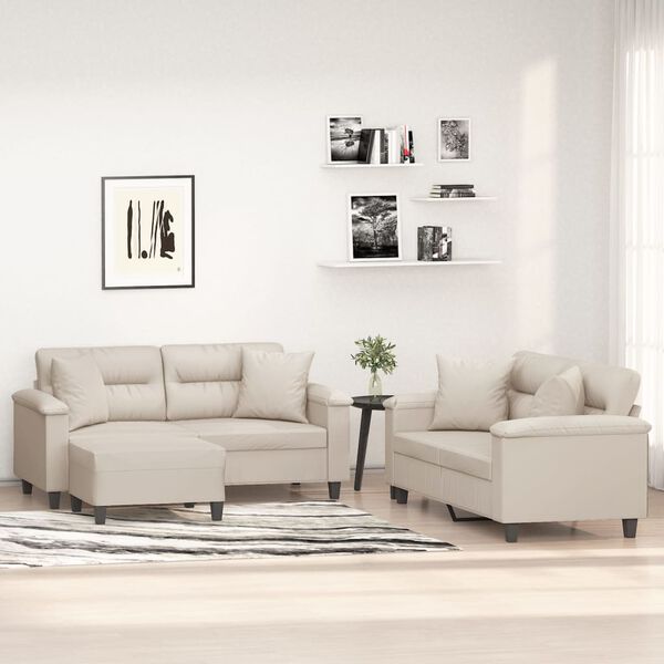 vidaXL 3-delige Loungeset met kussens microvezelstof cr&egrave;mekleurig