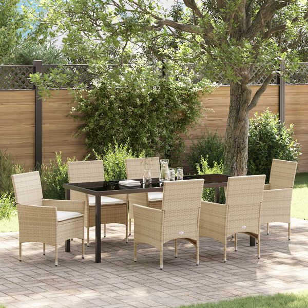 vidaXL Tuin eettafelset met kussen 7 pcs Beige poly rattan