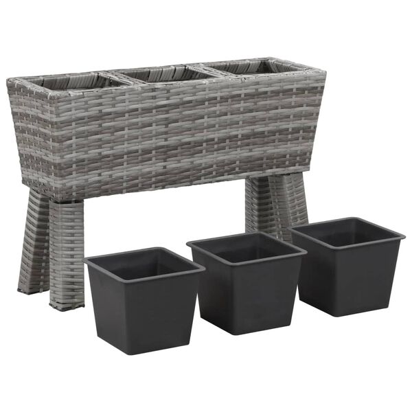 vidaXL Plantenbak verhoogd met 3 potten 72x25x50 cm poly rattan grijs