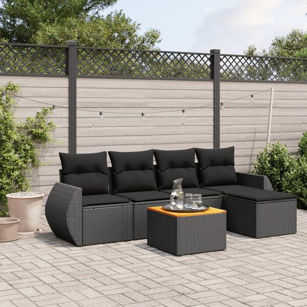 vidaXL 6-delige Loungeset met kussens poly rattan zwart