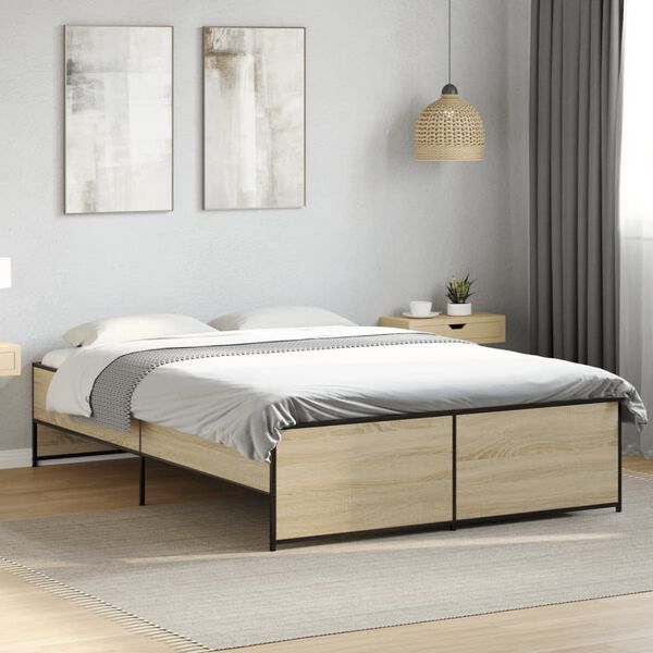 vidaXL Bedframe bewerkt hout metaal sonoma eikenkleurig 120x190 cm