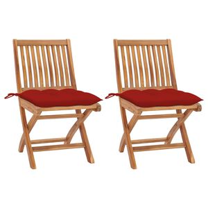 vidaXL Set van 2 klapstoelen met rode kussens, gemaakt van massief teakhout.