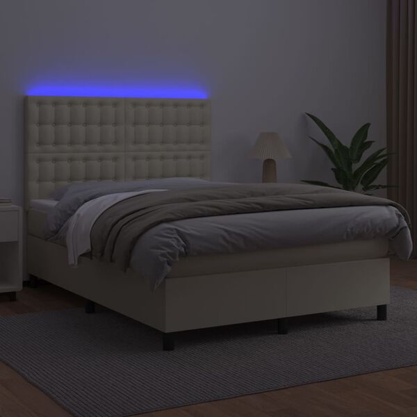 vidaXL Boxspring met matras en LED kunstleer cr&egrave;mekleurig 140x200 cm