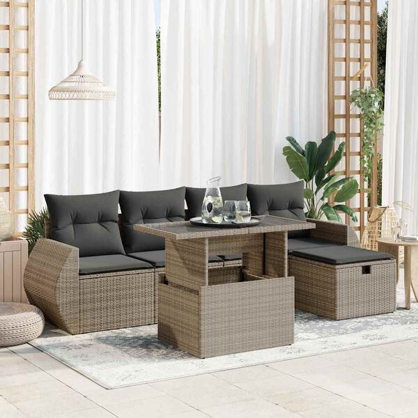 vidaXL 6-delige Loungeset met kussens poly rattan grijs
