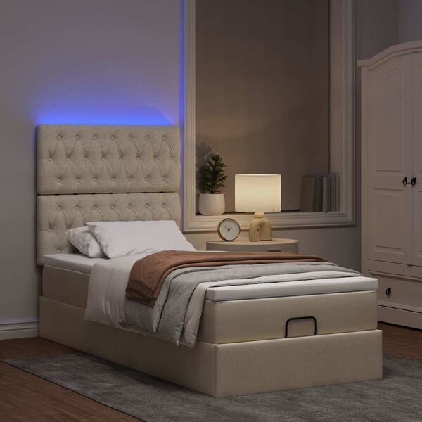 vidaXL Ottoman bed met matras en LED's 100x200cm stof cr&egrave;mekleurig