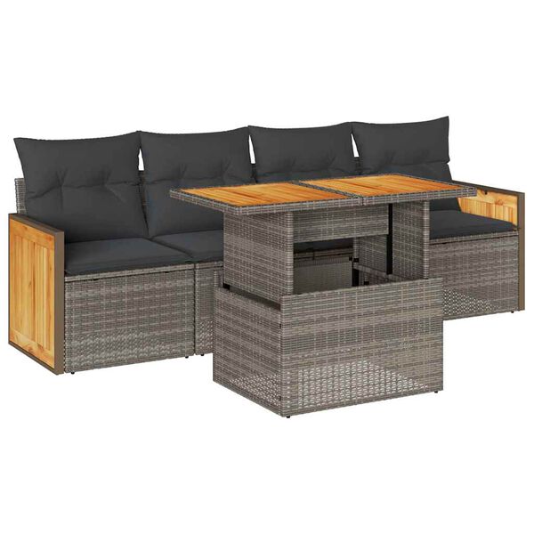 vidaXL 5-delige Loungeset met kussens poly rattan acacia grijs