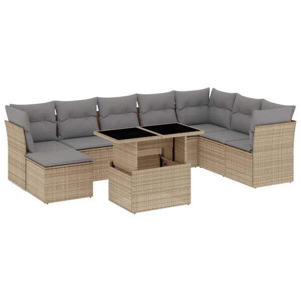 vidaXL 9-delige Loungeset met kussens poly rattan beige