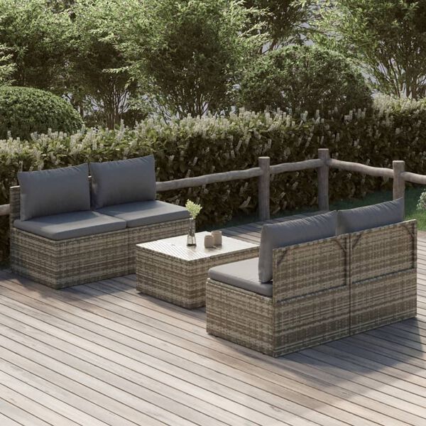 vidaXL 5-delige Loungeset met kussens poly rattan grijs