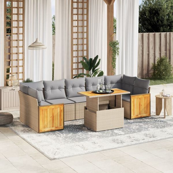 vidaXL 8-delige Loungeset met kussens poly rattan beige