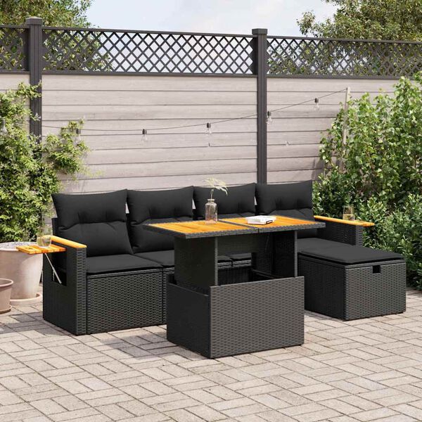 vidaXL 6-delige Loungeset met kussens poly rattan zwart