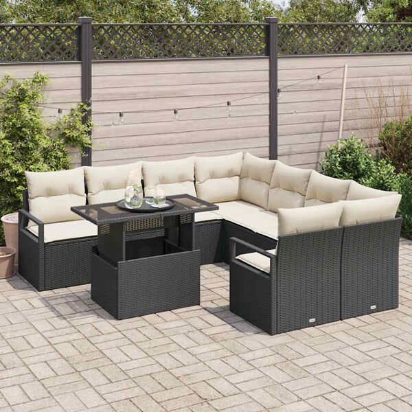 vidaXL Tuin Sofa Set met opslag 9 pcs Zwart en Cr&egrave;me poly rattan