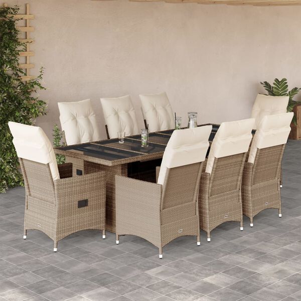 vidaXL 9-delige Bistroset met kussens poly rattan beige