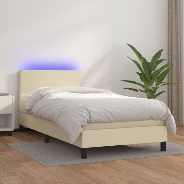 vidaXL Boxspring met matras en LED kunstleer cr&egrave;mekleurig 90x200 cm