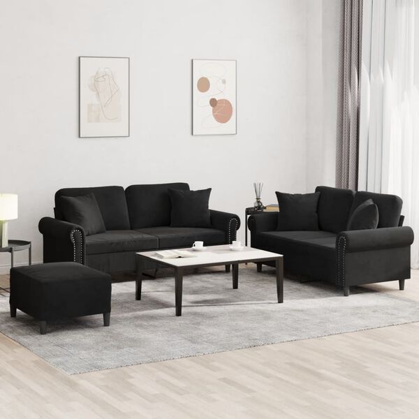 vidaXL 3-delige Loungeset met kussens fluweel zwart