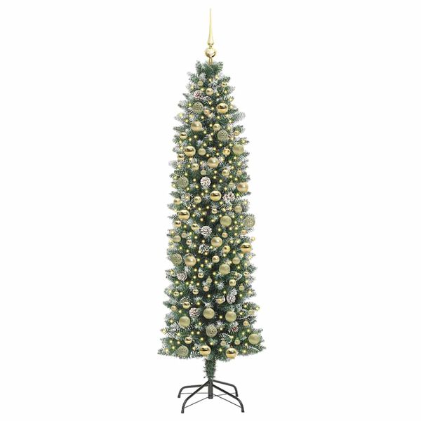 vidaXL Kunstmatige slanke kerstboom met 300 LED Groen en Wit 180 cm