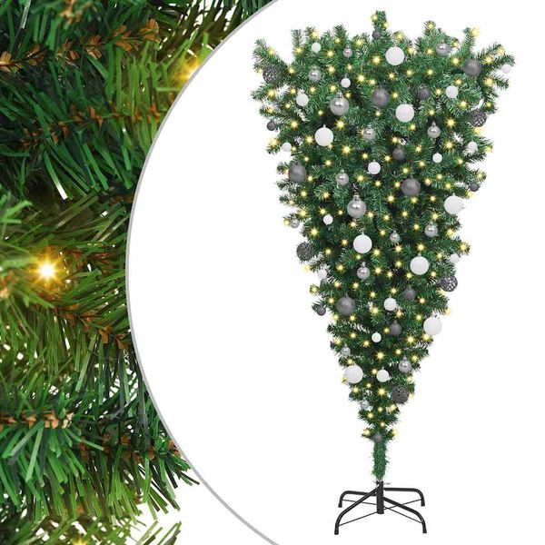 vidaXL Ondersteboven Kunst Kerstboom met Ballenset Groen 180 cm PVC
