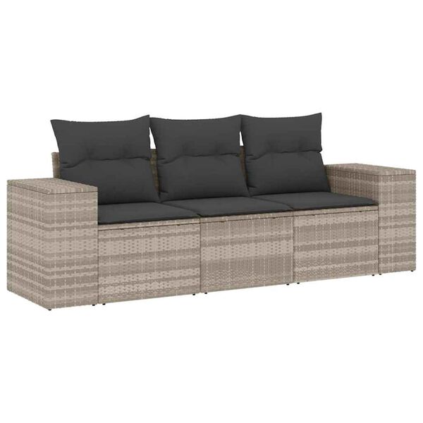vidaXL 3-delige Loungeset met kussens poly rattan lichtgrijs