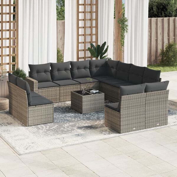 vidaXL 12-delige Loungeset met kussens poly rattan grijs