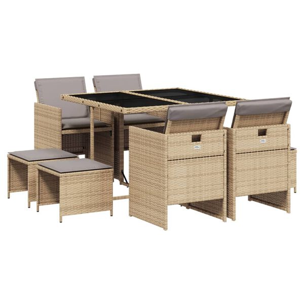 vidaXL 9-delige Tuinset met kussens poly rattan gemengd beige