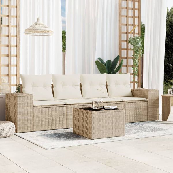 vidaXL 5-delige Loungeset met kussens poly rattan beige