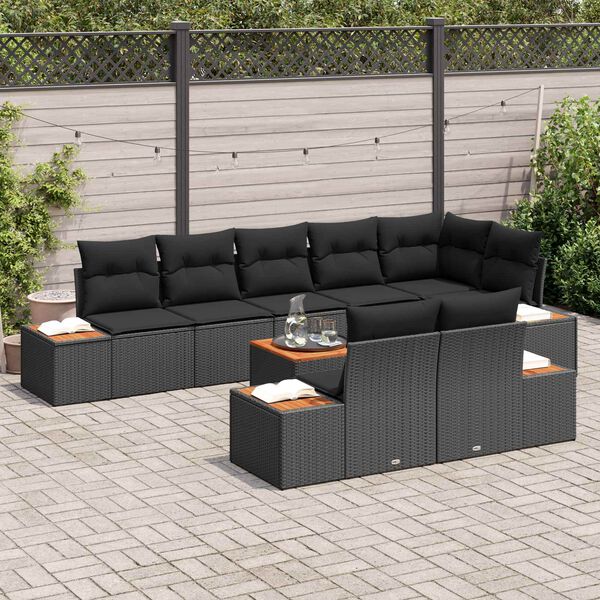 vidaXL Tuinbankenset met kussen met opslag 8 pcs Zwart Polyrattan