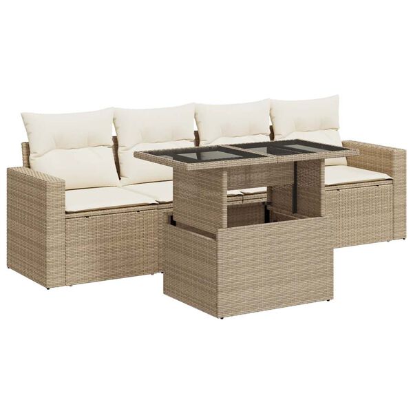 vidaXL 5-delige Loungeset met kussens poly rattan beige